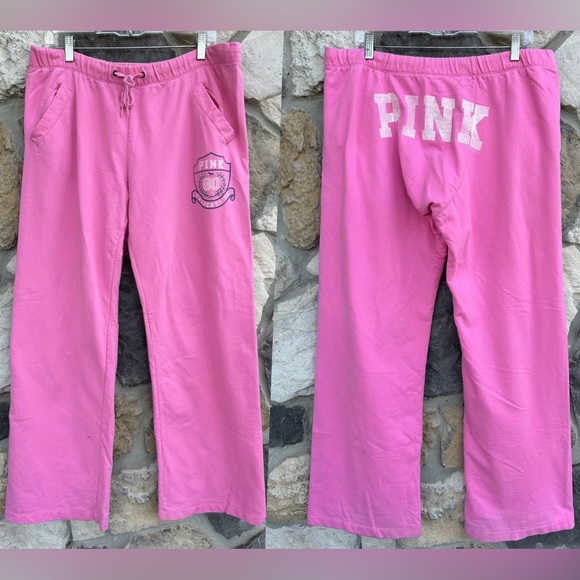 Y2K VS PINK Wide Leg Sweatpants Size M Butt Spellout Trendy Baggy Preppy Sporty - Picture 1 of 6